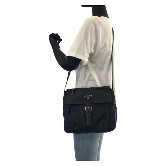 PRADA Shoulder Bag Nylon, Leather Black Silver Metal Shoulder Bag pochette Test Triangle With logo Women Used Authentic