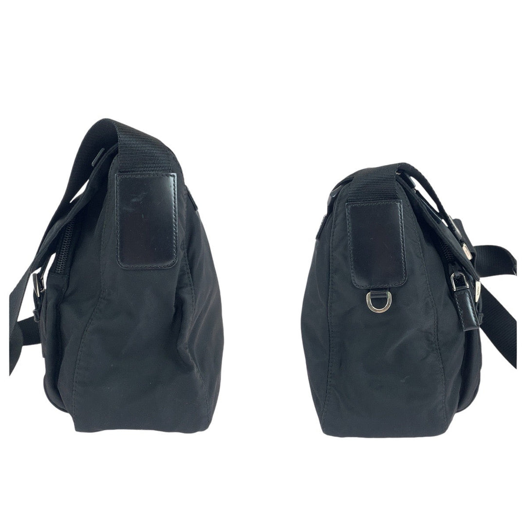 PRADA Shoulder Bag Nylon, Leather Black Silver Metal Shoulder Bag pochette Test Triangle With logo Women Used Authentic