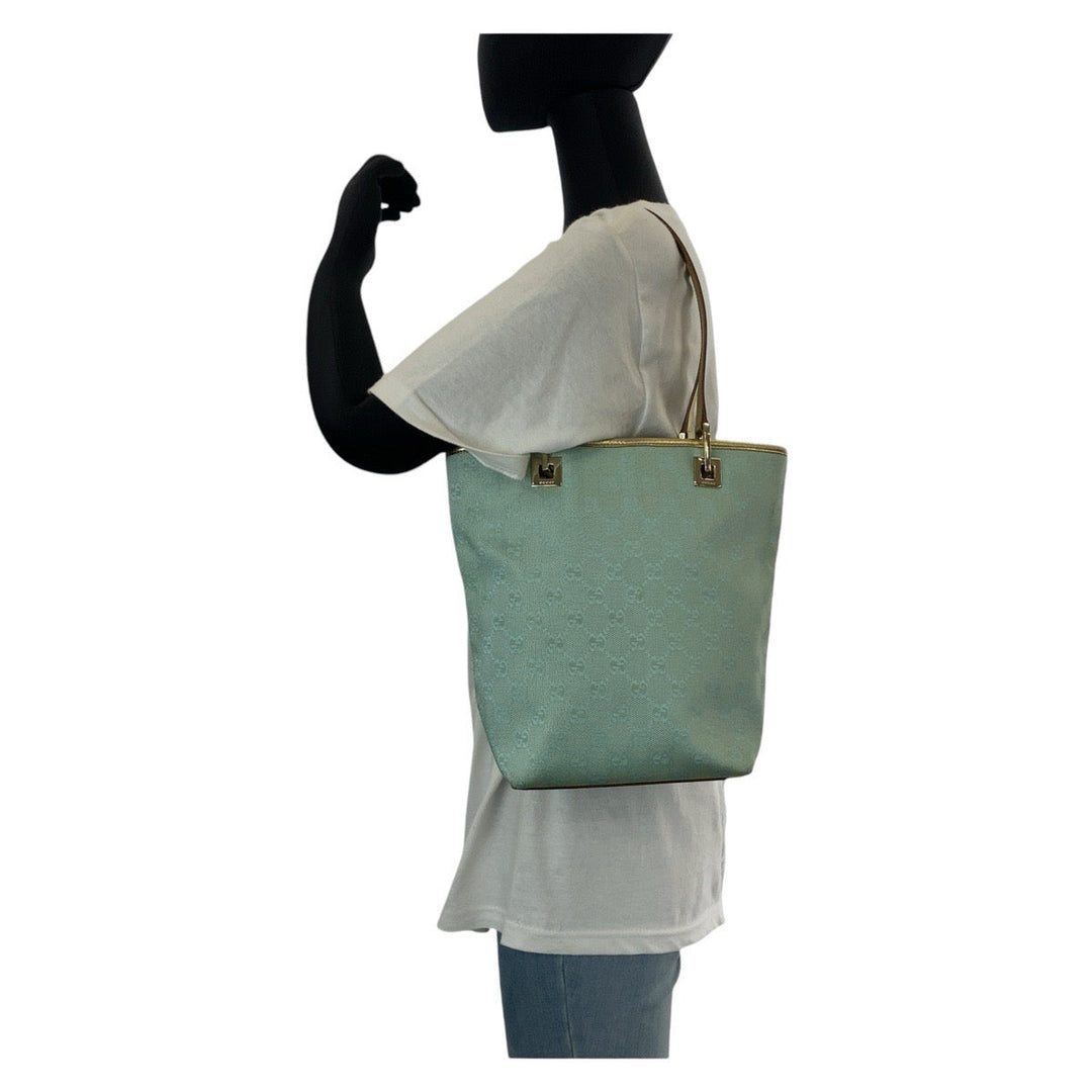 GUCCI Tote Bag 002 1099 GG canvas, leather Emerald Green Gold Metal Tote Bag handbag Women Used Authentic