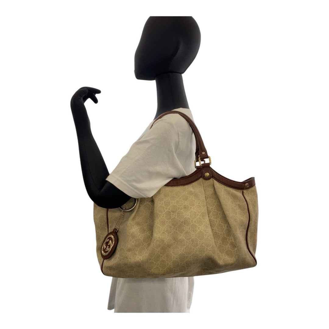 GUCCI Tote Bag 211944 GG canvas, leather Beige Brown Gold Metal Tote Bag Shoulder Bag Sukey Women Used Authentic