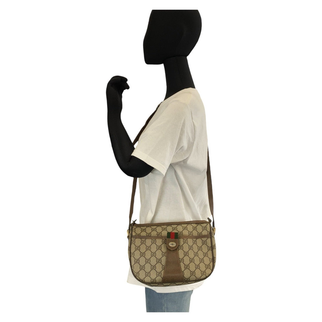 GUCCI Shoulder Bag 89 02 032 GG Supreme canvas, leather Beige Brown Gold Metal Crossbody Shoulder Bag Pochette Sherry Line Old Gucci Women Used Authentic