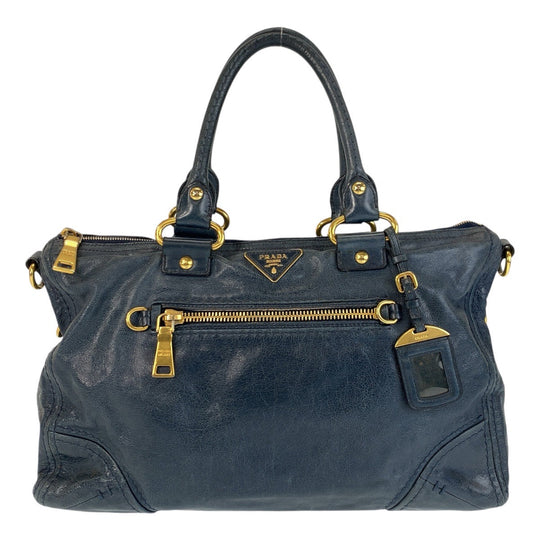 PRADA Handbag leather blue Handbag Tote Bag Shoulder Bag Triangle With logo Women Used Authentic