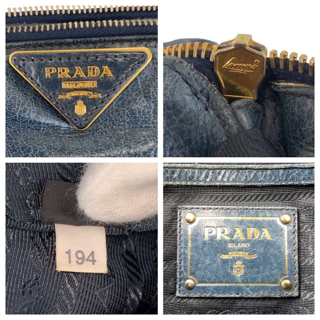 PRADA Handbag leather blue Handbag Tote Bag Shoulder Bag Triangle With logo Women Used Authentic