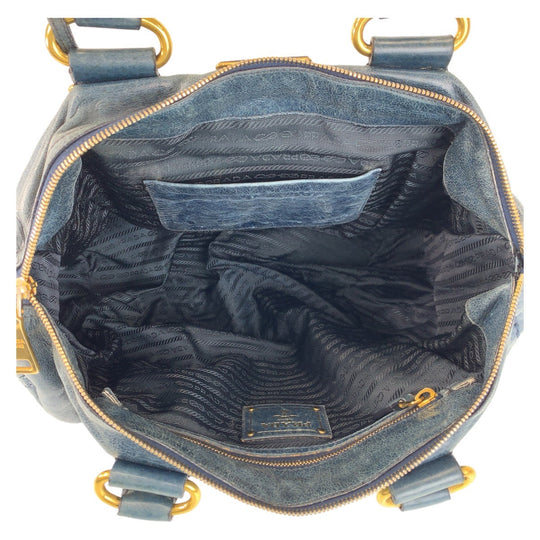 PRADA Handbag leather blue Handbag Tote Bag Shoulder Bag Triangle With logo Women Used Authentic