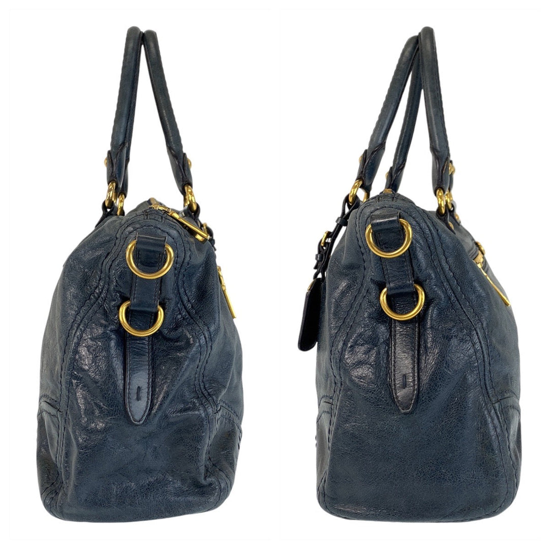 PRADA Handbag leather blue Handbag Tote Bag Shoulder Bag Triangle With logo Women Used Authentic