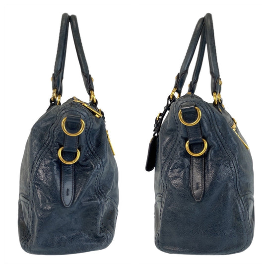 PRADA Handbag leather blue Handbag Tote Bag Shoulder Bag Triangle With logo Women Used Authentic