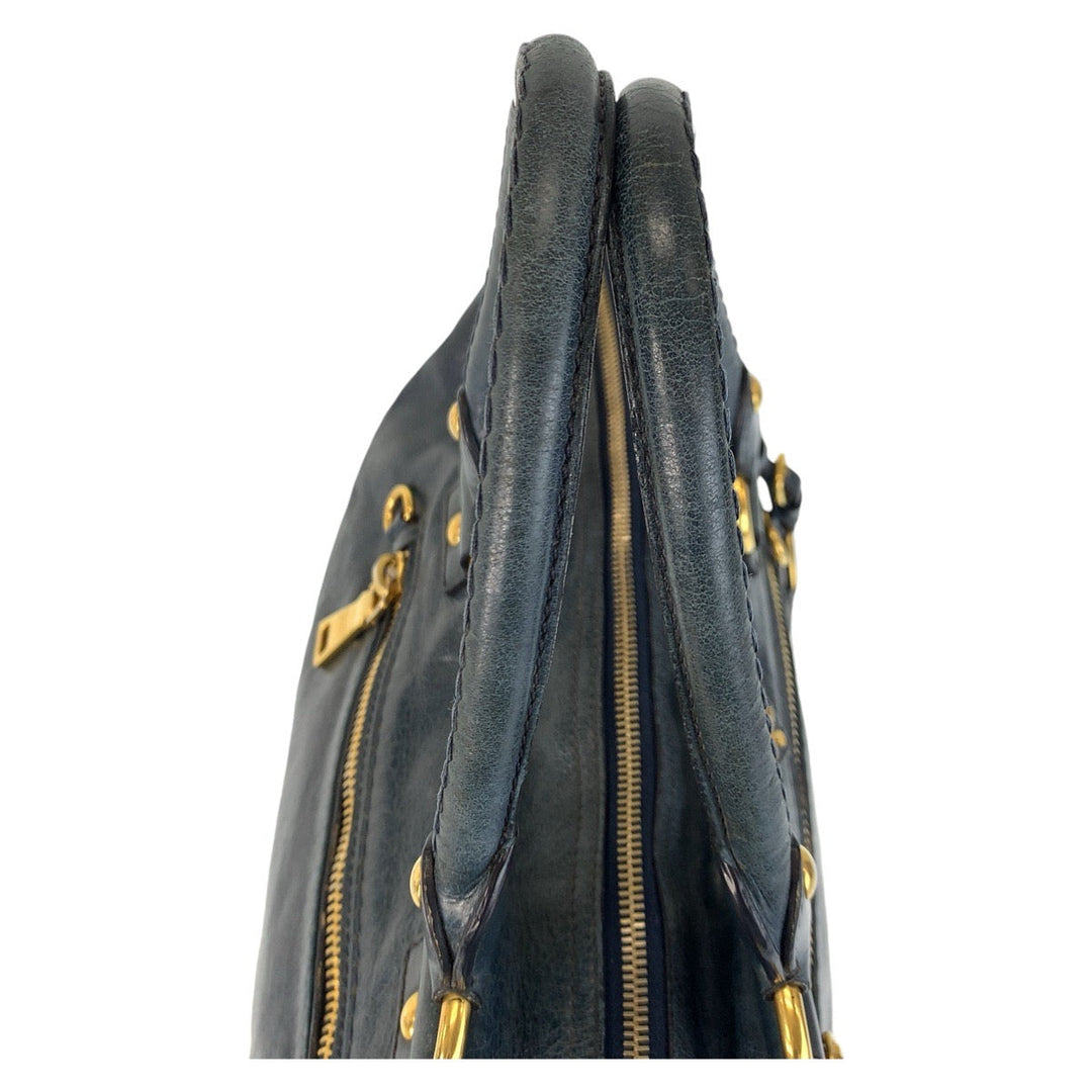 PRADA Handbag leather blue Handbag Tote Bag Shoulder Bag Triangle With logo Women Used Authentic