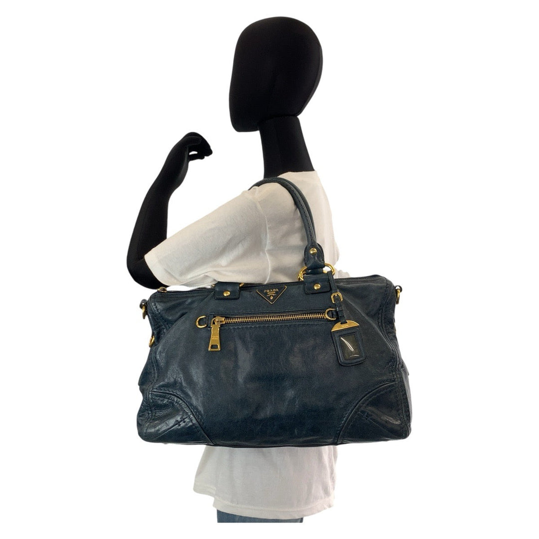 PRADA Handbag leather blue Handbag Tote Bag Shoulder Bag Triangle With logo Women Used Authentic