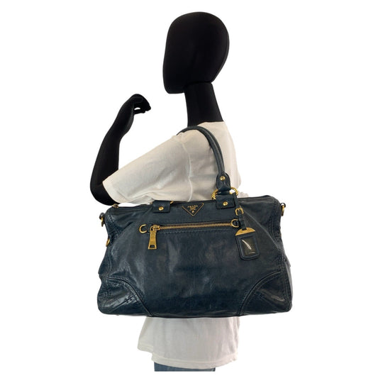 PRADA Handbag leather blue Handbag Tote Bag Shoulder Bag Triangle With logo Women Used Authentic
