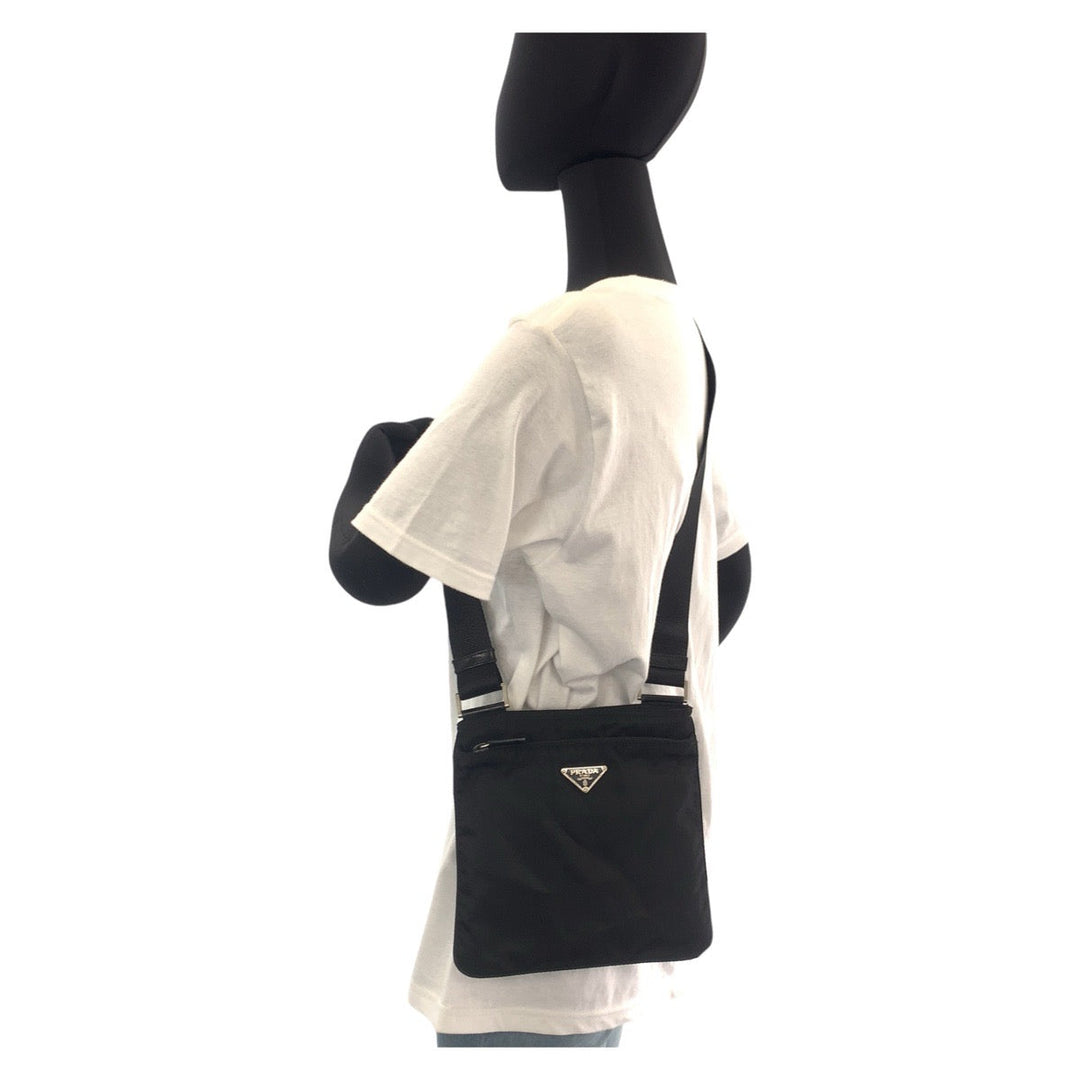 PRADA Shoulder Bag Nylon Black Silver Metal Crossbody Shoulder Bag Pochette Test Triangle With logo Women Used Authentic