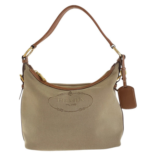 PRADA Shoulder Bag Canvas, Leather Beige Brown Gold Metal Shoulder Bag Hobo Logo jacquard Women Used Authentic