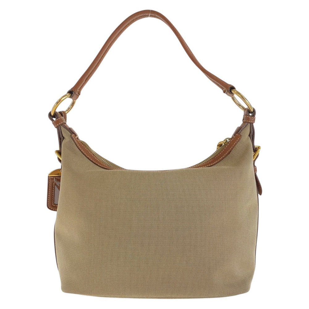 PRADA Shoulder Bag Canvas, Leather Beige Brown Gold Metal Shoulder Bag Hobo Logo jacquard Women Used Authentic