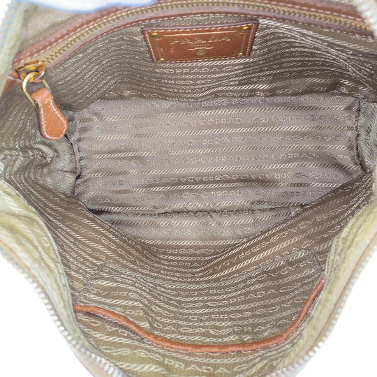PRADA Shoulder Bag Canvas, Leather Beige Brown Gold Metal Shoulder Bag Hobo Logo jacquard Women Used Authentic