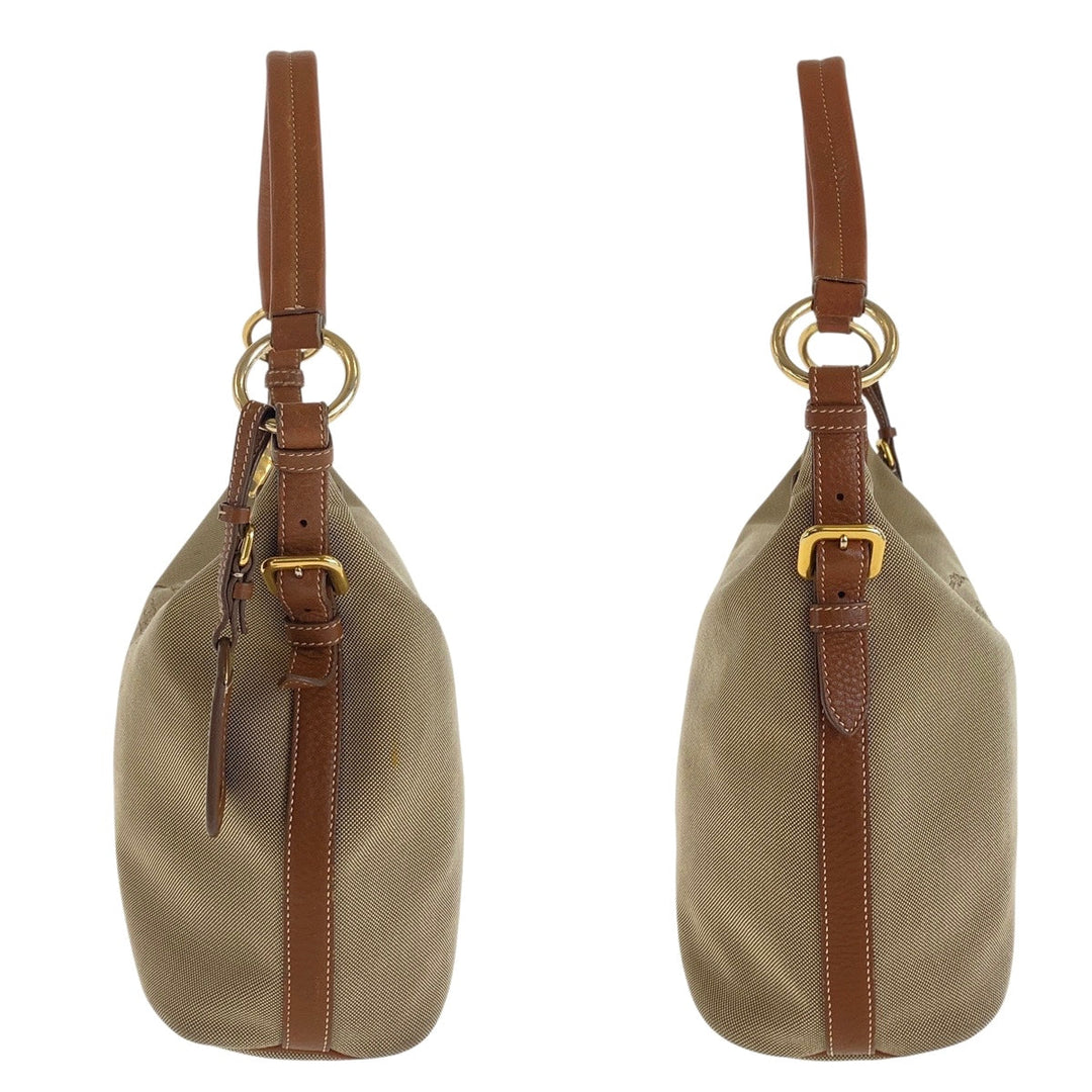 PRADA Shoulder Bag Canvas, Leather Beige Brown Gold Metal Shoulder Bag Hobo Logo jacquard Women Used Authentic