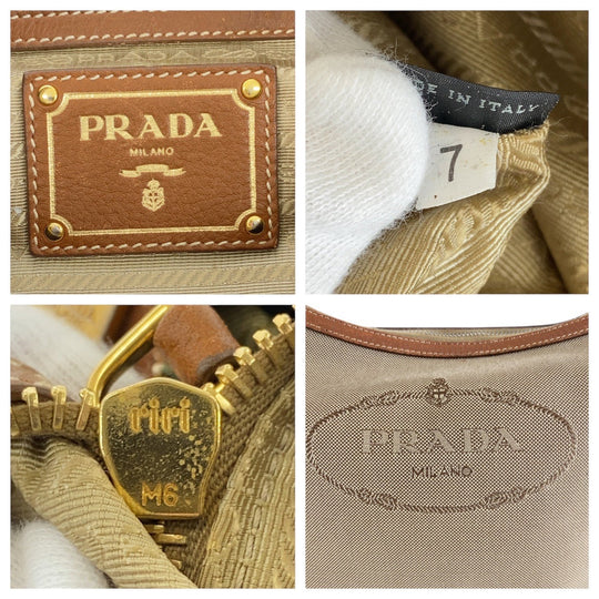 PRADA Shoulder Bag Canvas, Leather Beige Brown Gold Metal Shoulder Bag Hobo Logo jacquard Women Used Authentic