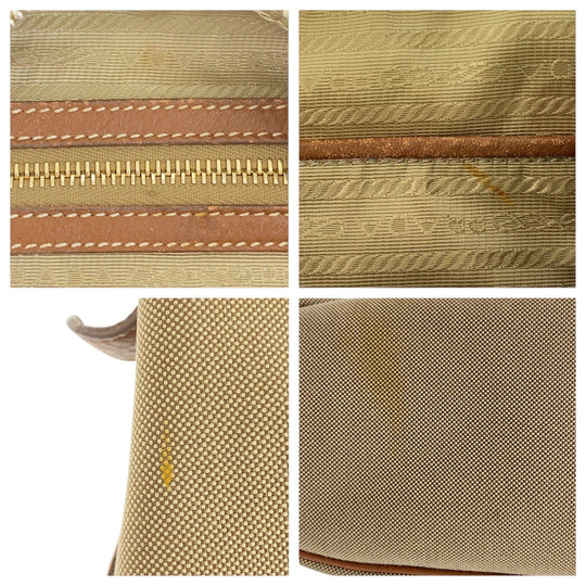 PRADA Shoulder Bag Canvas, Leather Beige Brown Gold Metal Shoulder Bag Hobo Logo jacquard Women Used Authentic