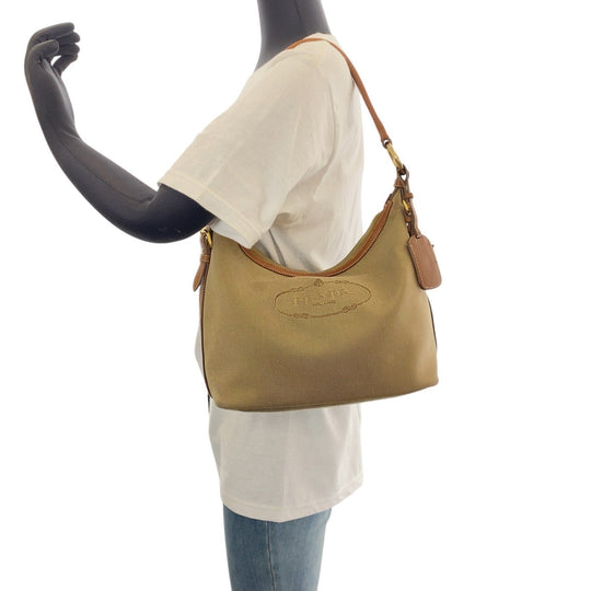 PRADA Shoulder Bag Canvas, Leather Beige Brown Gold Metal Shoulder Bag Hobo Logo jacquard Women Used Authentic