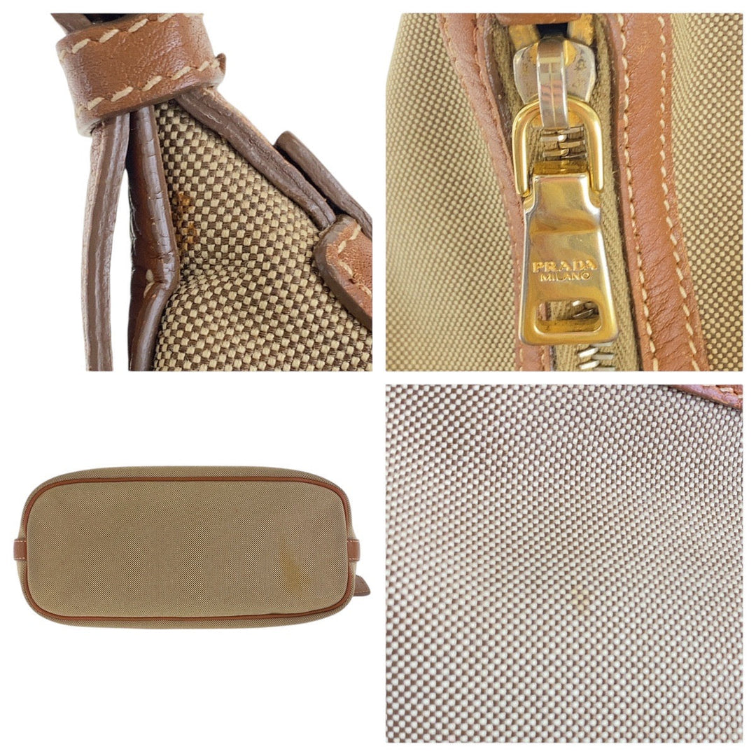 PRADA Shoulder Bag Canvas, Leather Beige Brown Gold Metal Shoulder Bag Hobo Logo jacquard Women Used Authentic