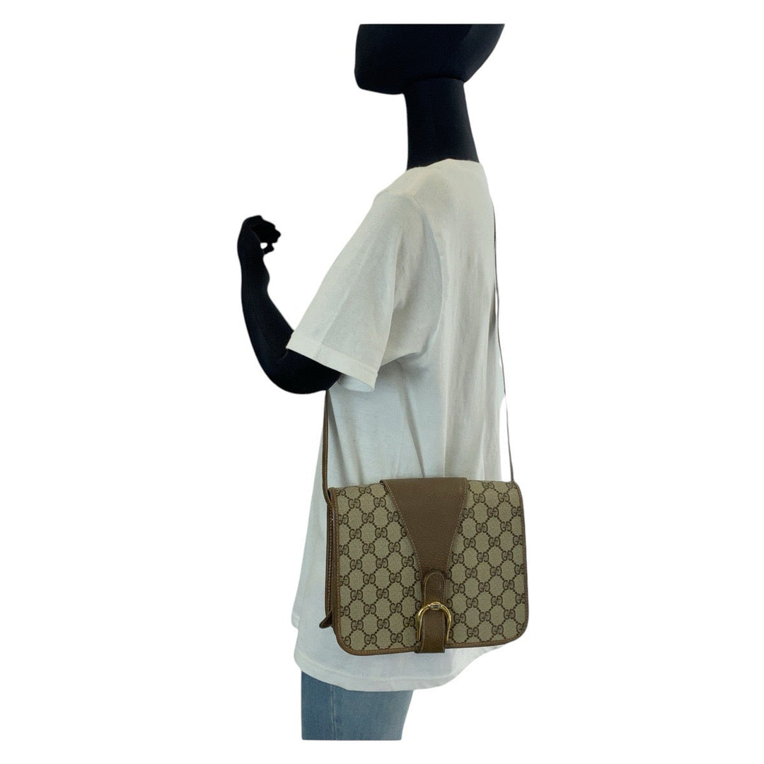 GUCCI Shoulder Bag GG canvas, leather Brown Gold Metal Crossbody Shoulder Bag Old Gucci Women Used Authentic