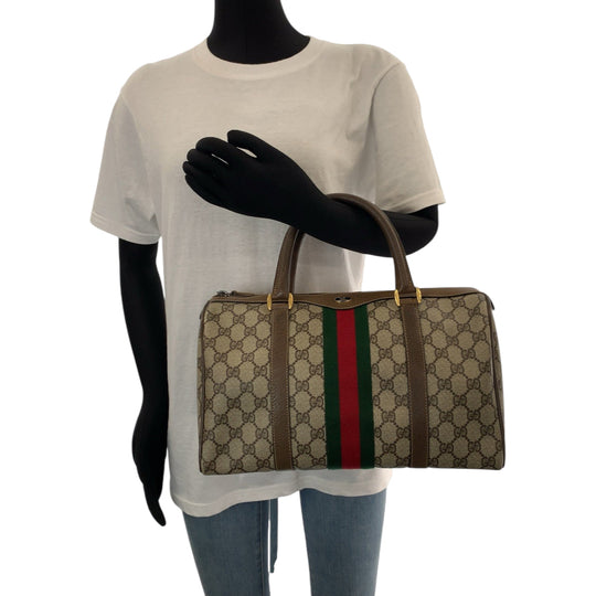 GUCCI Boston Duffel bag 24 02 007 GG Supreme Canvas Brown Beige Gold Metal Boston Duffel bag Handbag Old Gucci Shelly Line Women Used Authentic