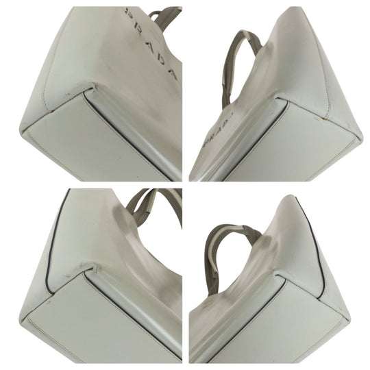 PRADA Tote Bag leather White SilverMetal Tote Bag Shoulder Bag Punching logo Women Used Authentic