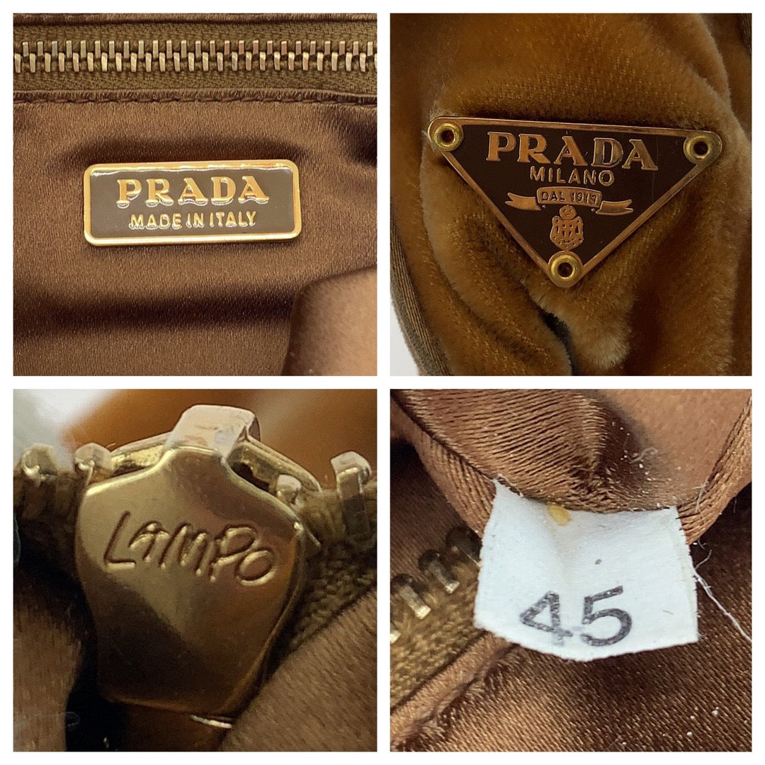 PRADA Handbag Velor Brown Gold Metal Handbag Tote Bag Triangle With logo Women Used Authentic