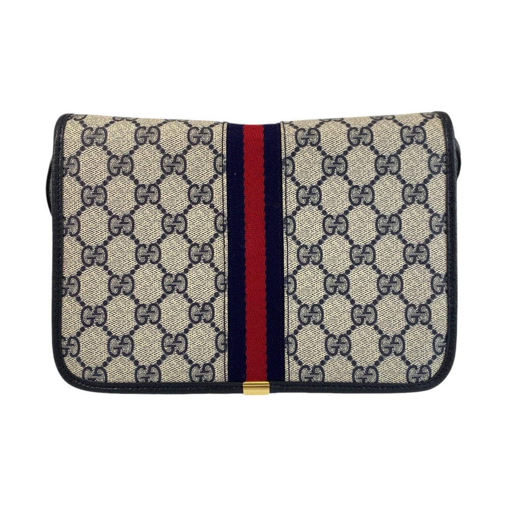 GUCCI Shoulder Bag 66 001 4451 PVC, Leather Gray Navy Gold Metal Crossbody Shoulder Bag Pochette Sherry Line Old Gucci Women Used Authentic