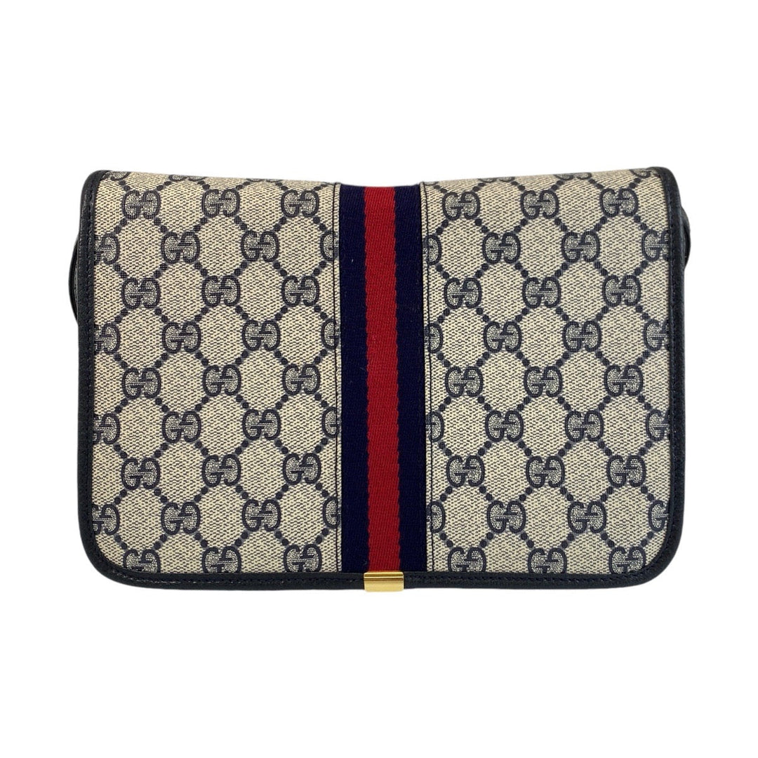 GUCCI Shoulder Bag 66 001 4451 PVC, Leather Gray Navy Gold Metal Crossbody Shoulder Bag Pochette Sherry Line Old Gucci Women Used Authentic