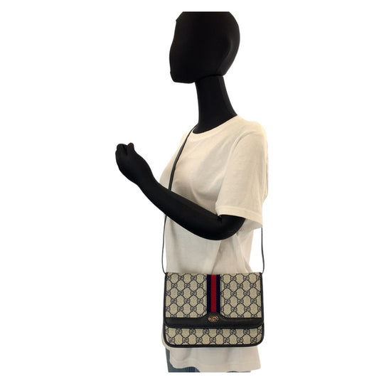 GUCCI Shoulder Bag 66 001 4451 PVC, Leather Gray Navy Gold Metal Crossbody Shoulder Bag Pochette Sherry Line Old Gucci Women Used Authentic
