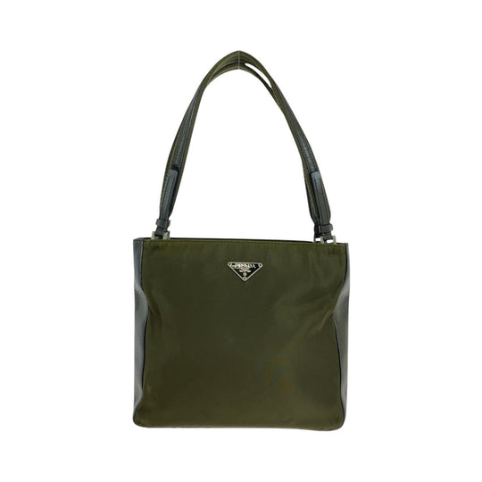 PRADA Tote Bag Nylon Khaki SilverMetal Tote Bag Shoulder Bag Test Triangle With logo Women Used Authentic