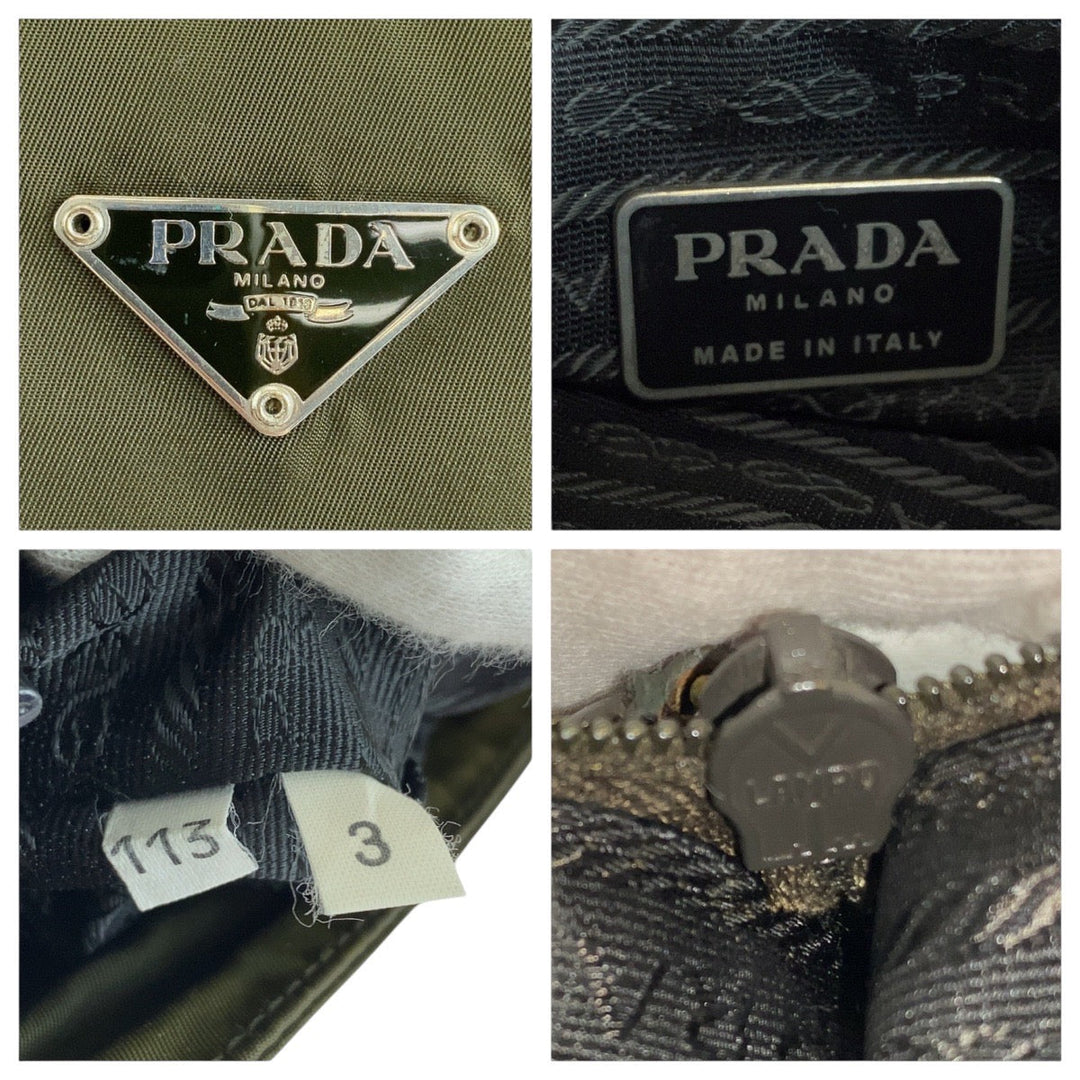 PRADA Tote Bag Nylon Khaki SilverMetal Tote Bag Shoulder Bag Test Triangle With logo Women Used Authentic