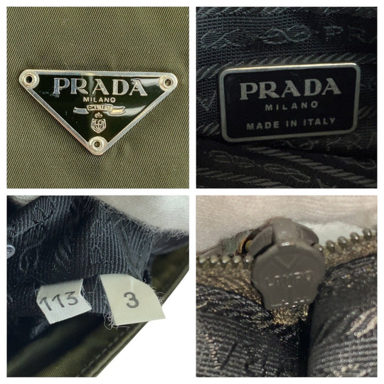 PRADA Tote Bag Nylon Khaki SilverMetal Tote Bag Shoulder Bag Test Triangle With logo Women Used Authentic