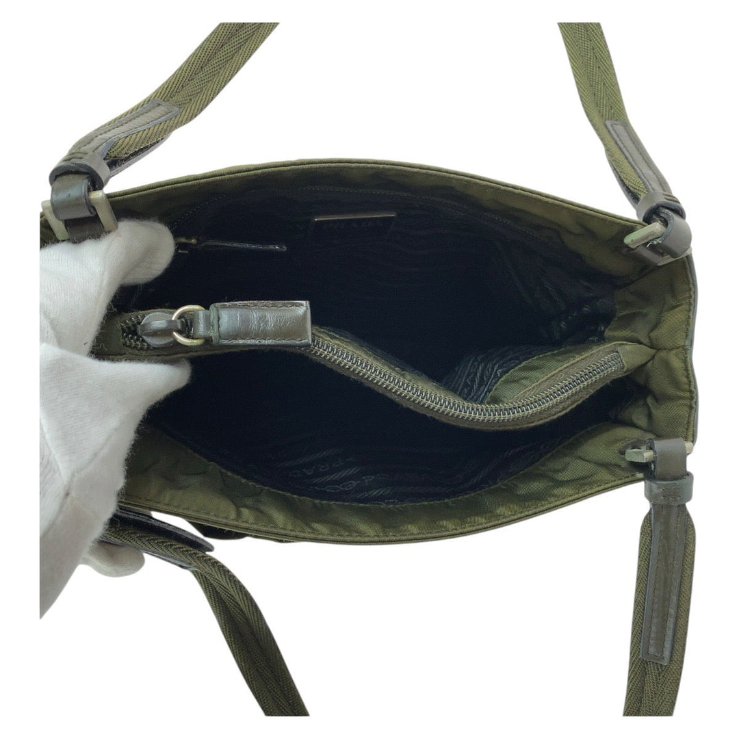PRADA Tote Bag Nylon Khaki SilverMetal Tote Bag Shoulder Bag Test Triangle With logo Women Used Authentic