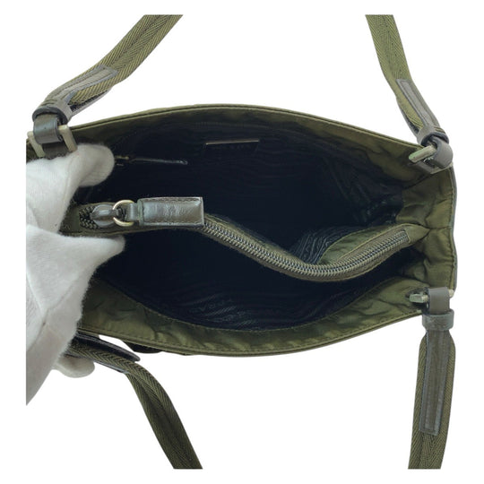 PRADA Tote Bag Nylon Khaki SilverMetal Tote Bag Shoulder Bag Test Triangle With logo Women Used Authentic