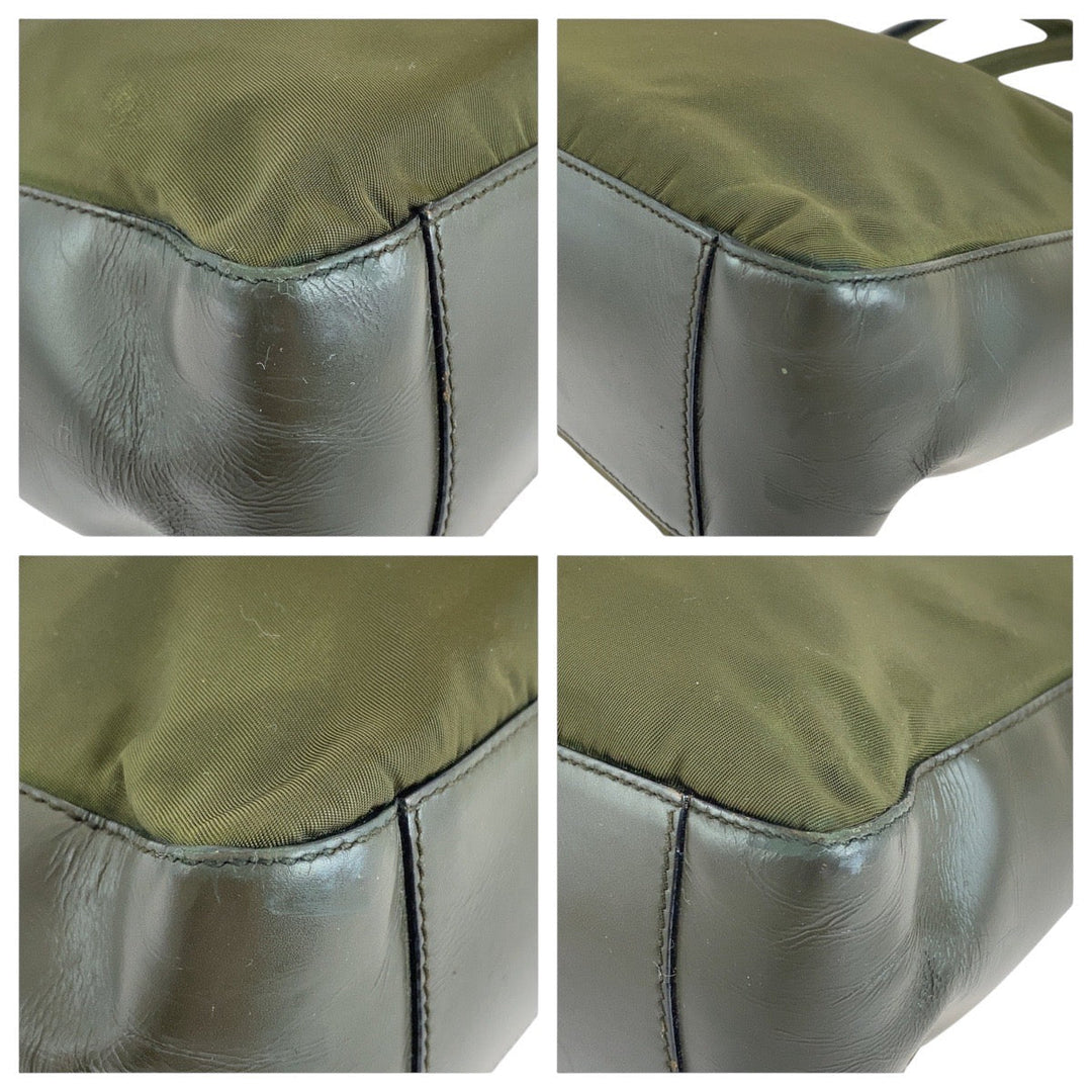 PRADA Tote Bag Nylon Khaki SilverMetal Tote Bag Shoulder Bag Test Triangle With logo Women Used Authentic