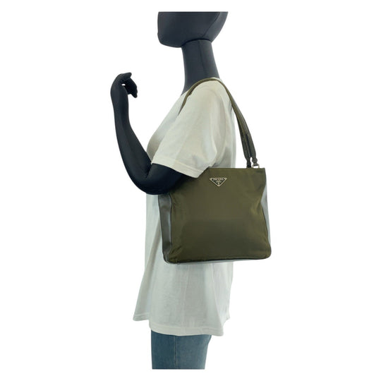 PRADA Tote Bag Nylon Khaki SilverMetal Tote Bag Shoulder Bag Test Triangle With logo Women Used Authentic