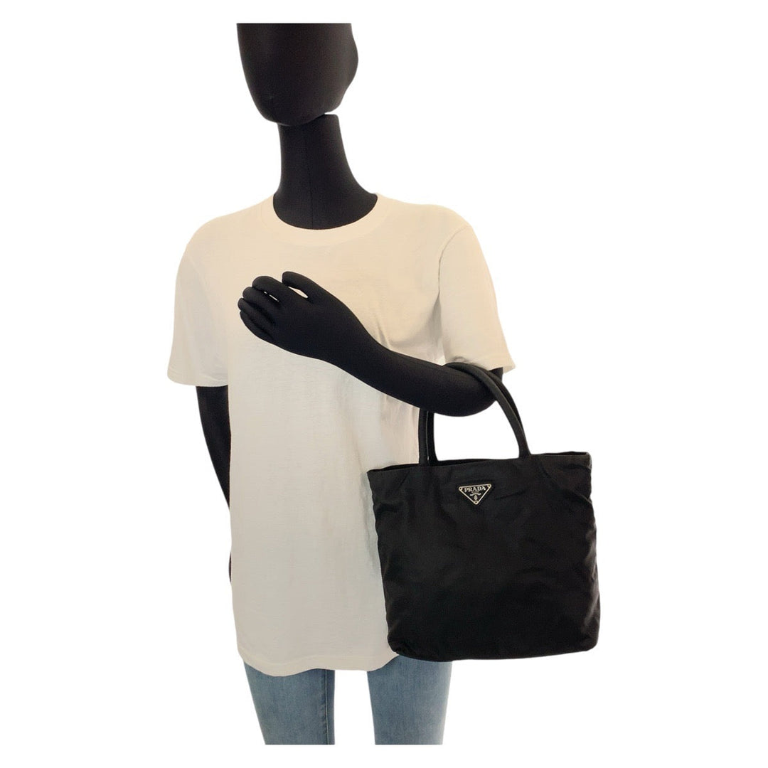 PRADA Tote Bag Nylon BlackSilverMetal Tote Bag handbag Test Triangle With logo Women Used Authentic