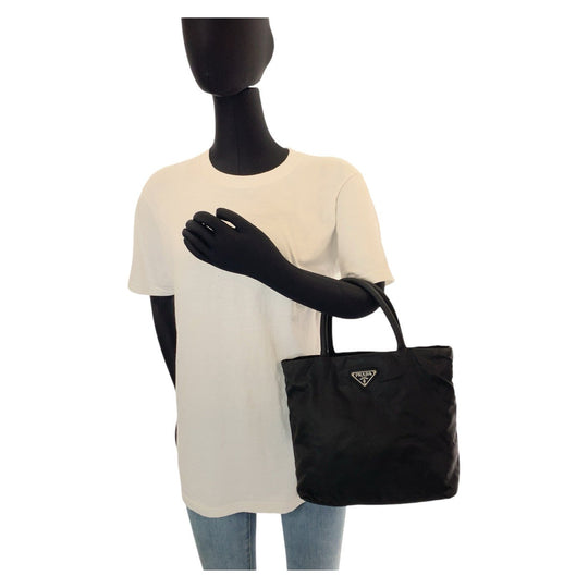 PRADA Tote Bag Nylon BlackSilverMetal Tote Bag handbag Test Triangle With logo Women Used Authentic