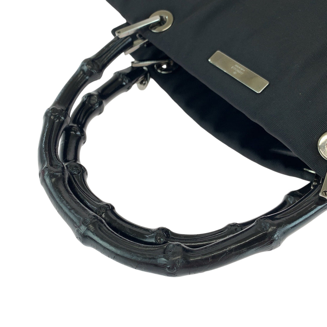 GUCCI Handbag 002 1016 Nylon Black SilverMetal Handbag Tote Bag Bamboo Women Used Authentic