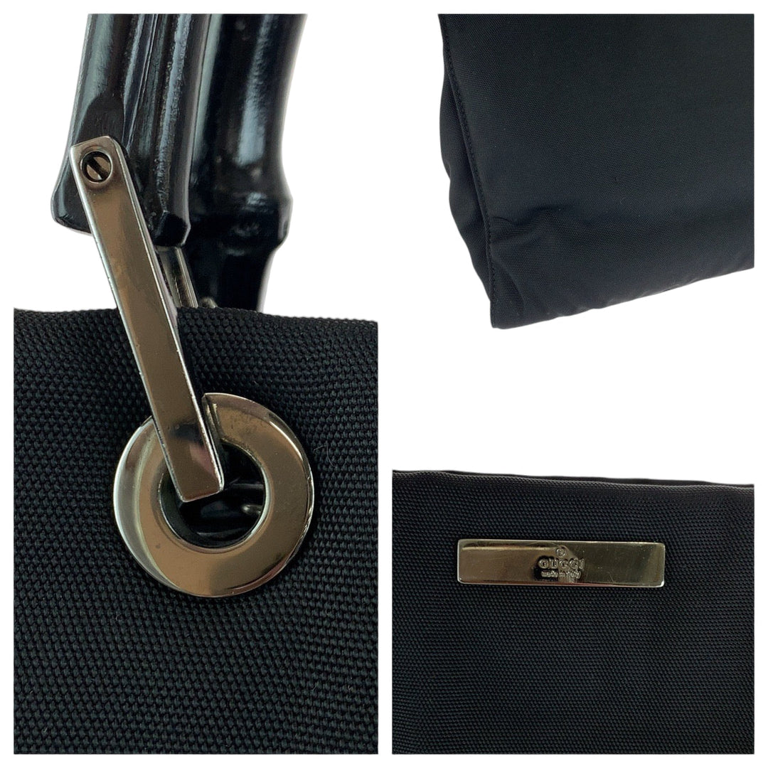 GUCCI Handbag 002 1016 Nylon Black SilverMetal Handbag Tote Bag Bamboo Women Used Authentic
