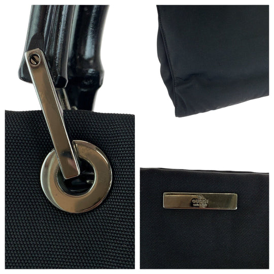 GUCCI Handbag 002 1016 Nylon Black SilverMetal Handbag Tote Bag Bamboo Women Used Authentic