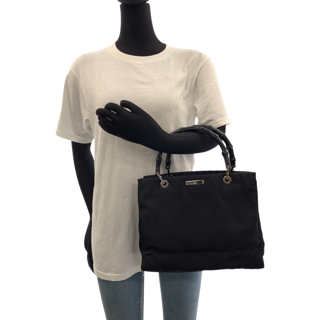GUCCI Handbag 002 1016 Nylon Black SilverMetal Handbag Tote Bag Bamboo Women Used Authentic