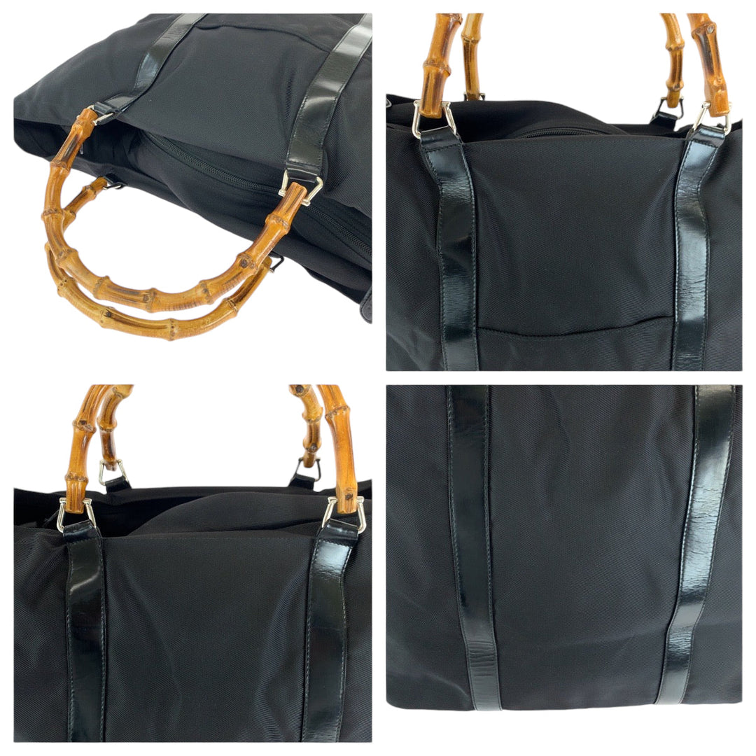 GUCCI Tote Bag 002 2854 Nylon Black brown Tote Bag handbag Bamboo Women Used Authentic