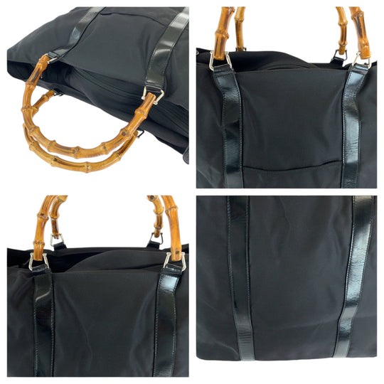 GUCCI Tote Bag 002 2854 Nylon Black brown Tote Bag handbag Bamboo Women Used Authentic