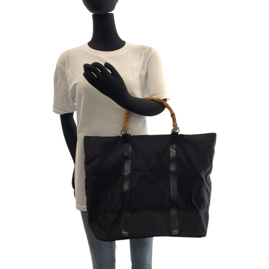GUCCI Tote Bag 002 2854 Nylon Black brown Tote Bag handbag Bamboo Women Used Authentic