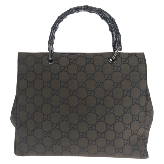 GUCCI Tote Bag 002 1010 2852 Nylon Brown Silver Metal Tote Bag handbag Bamboo GG pattern Women Used Authentic