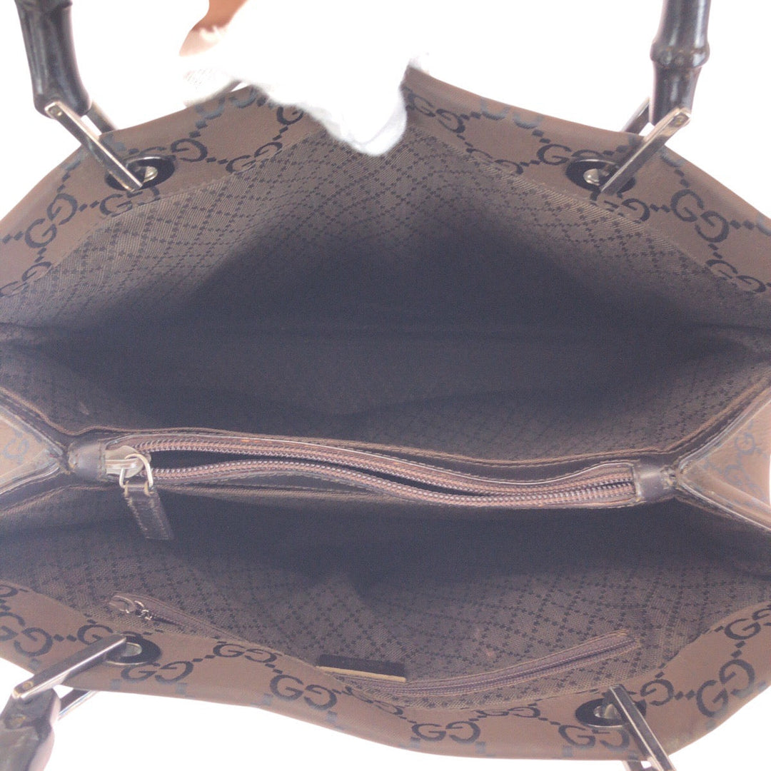 GUCCI Tote Bag 002 1010 2852 Nylon Brown Silver Metal Tote Bag handbag Bamboo GG pattern Women Used Authentic
