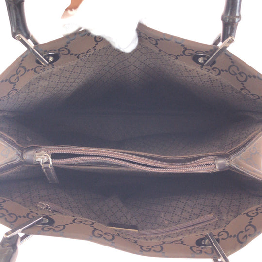 GUCCI Tote Bag 002 1010 2852 Nylon Brown Silver Metal Tote Bag handbag Bamboo GG pattern Women Used Authentic