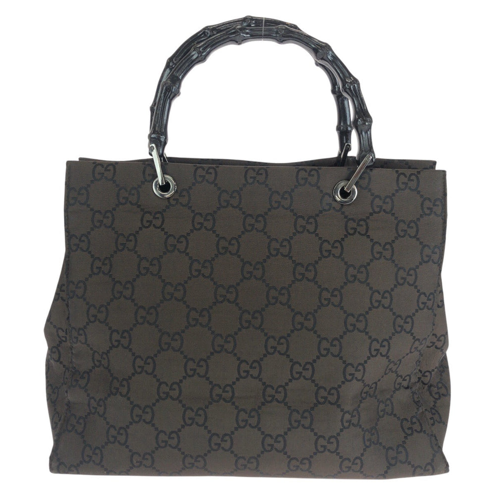 GUCCI Tote Bag 002 1010 2852 Nylon Brown Silver Metal Tote Bag handbag Bamboo GG pattern Women Used Authentic