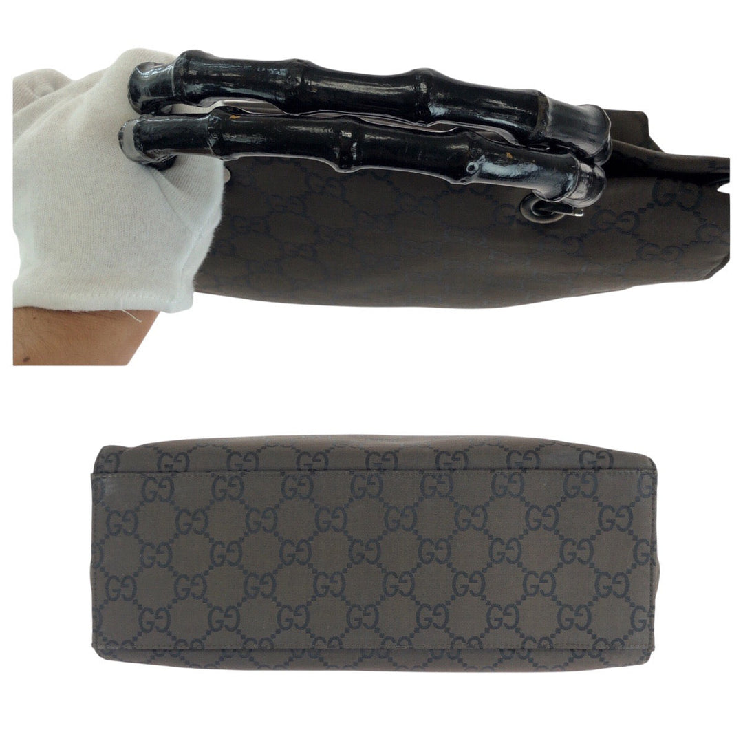 GUCCI Tote Bag 002 1010 2852 Nylon Brown Silver Metal Tote Bag handbag Bamboo GG pattern Women Used Authentic